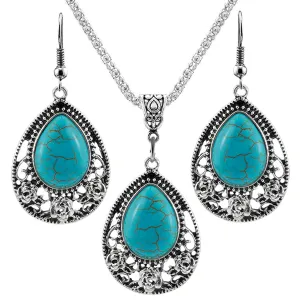 Turquoise & Silver-Plated Teardrop Earrings & Pendant Necklace