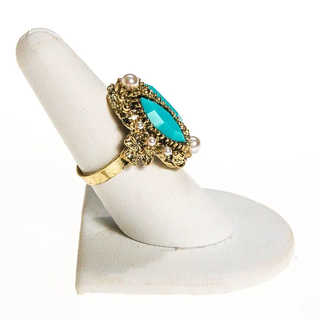 Turquoise Rhinestone and Faux Pearl Statement Ring