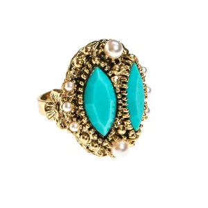 Turquoise Rhinestone and Faux Pearl Statement Ring