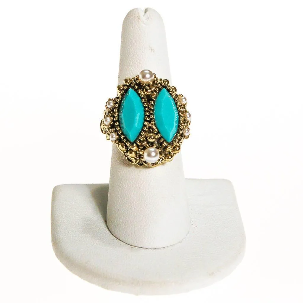 Turquoise Rhinestone and Faux Pearl Statement Ring