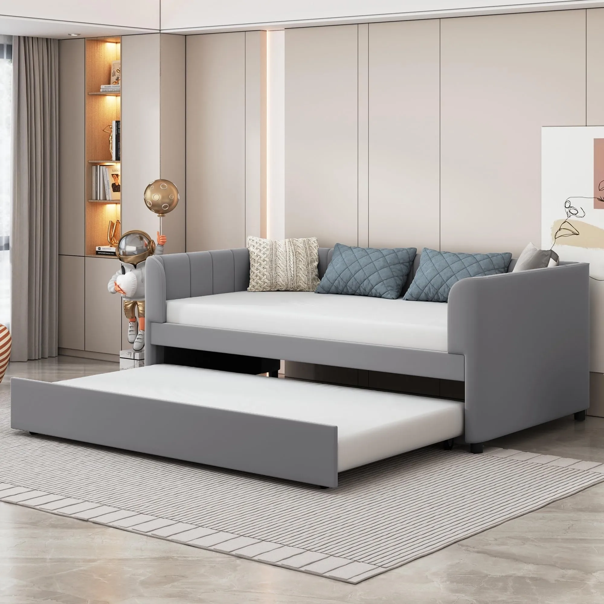 Twin Size Daybed Upholstered Daybeds with Ergonomic Design Backrest