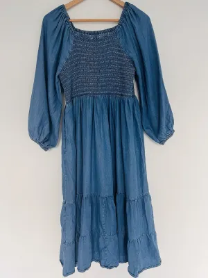 UNBRANDED Smocked Tiered MIDI Dress Blue Puff Sleeve Long Peasant Boho
