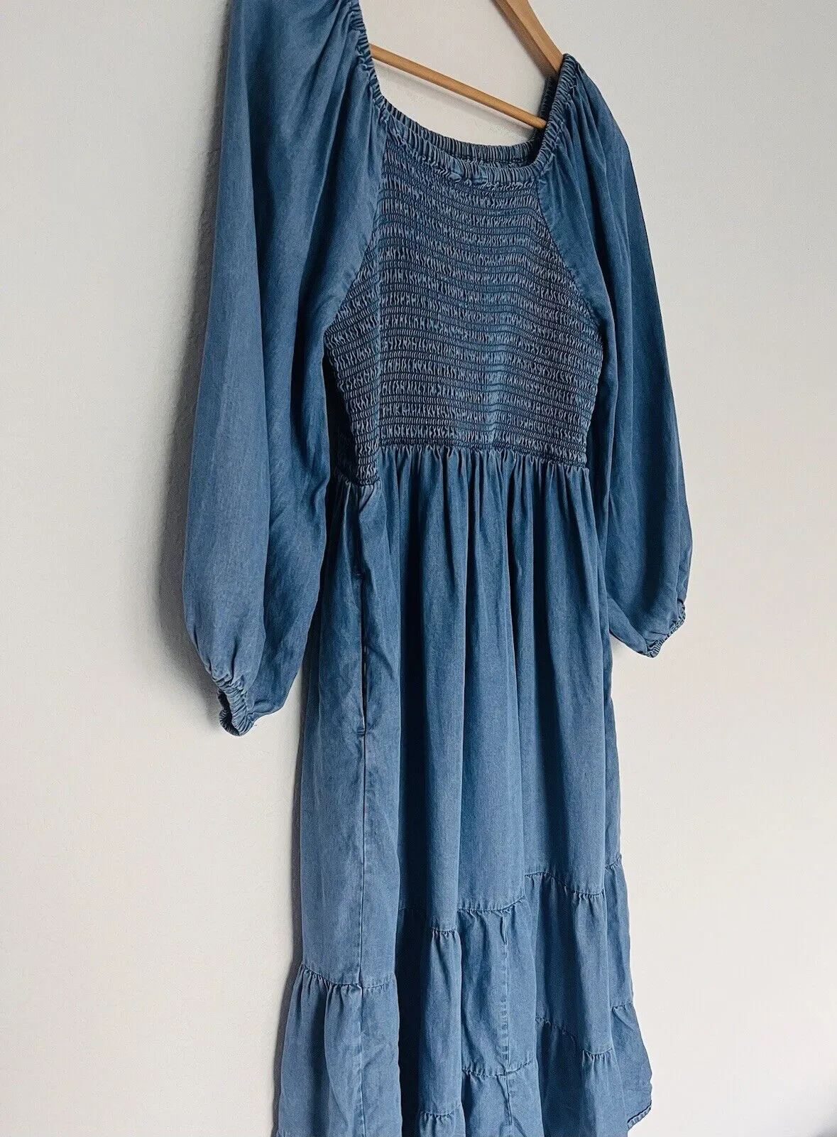 UNBRANDED Smocked Tiered MIDI Dress Blue Puff Sleeve Long Peasant Boho