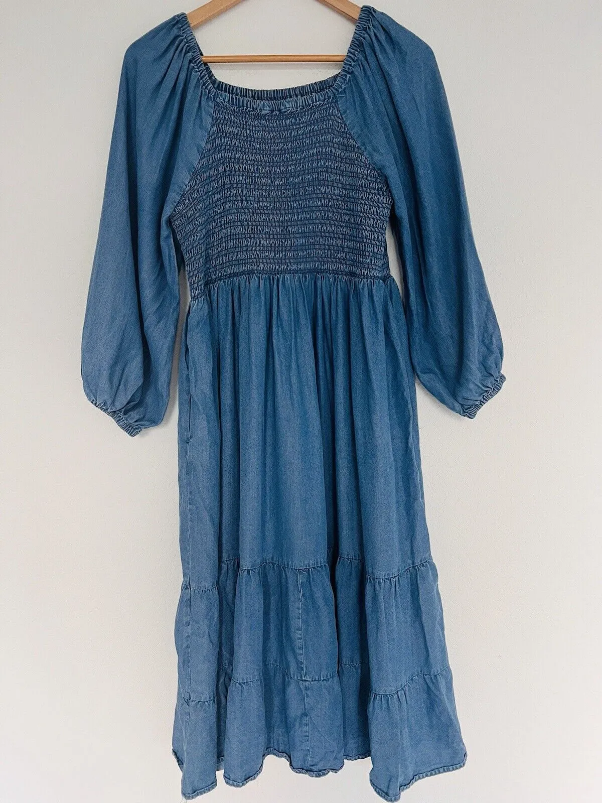 UNBRANDED Smocked Tiered MIDI Dress Blue Puff Sleeve Long Peasant Boho