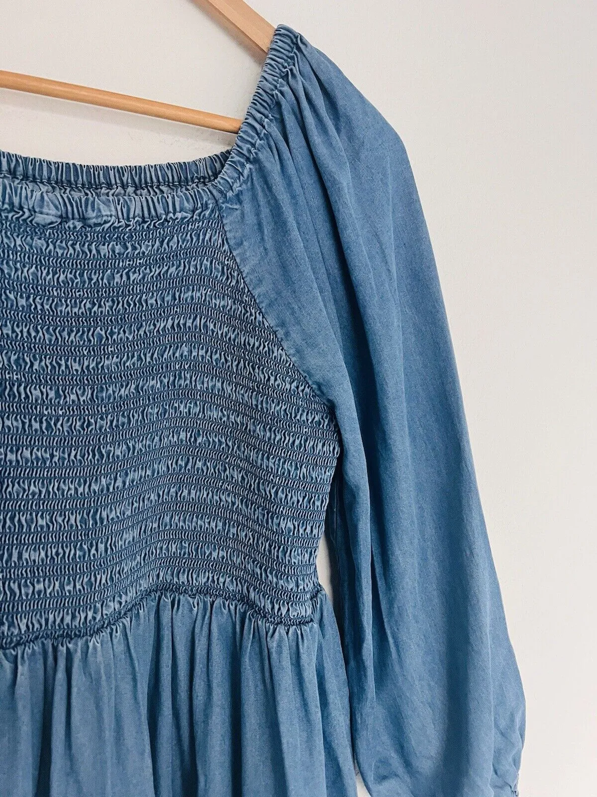 UNBRANDED Smocked Tiered MIDI Dress Blue Puff Sleeve Long Peasant Boho