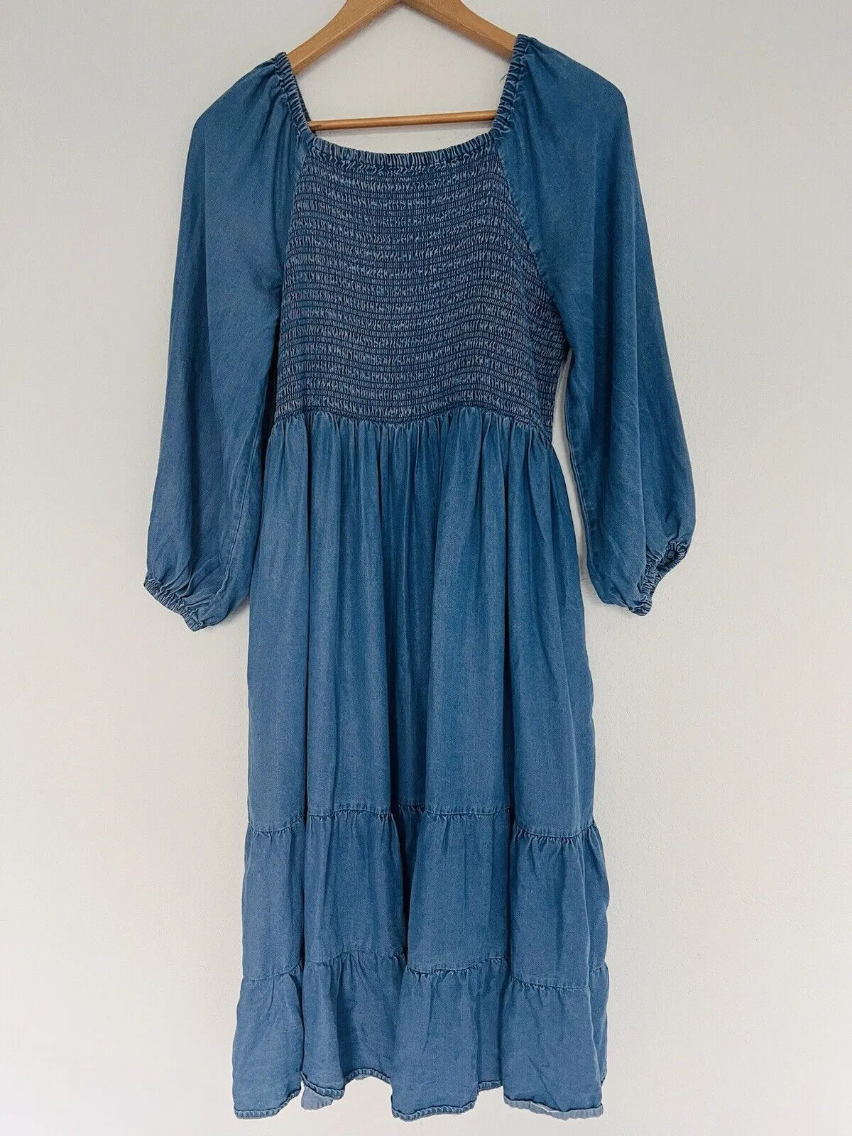 UNBRANDED Smocked Tiered MIDI Dress Blue Puff Sleeve Long Peasant Boho