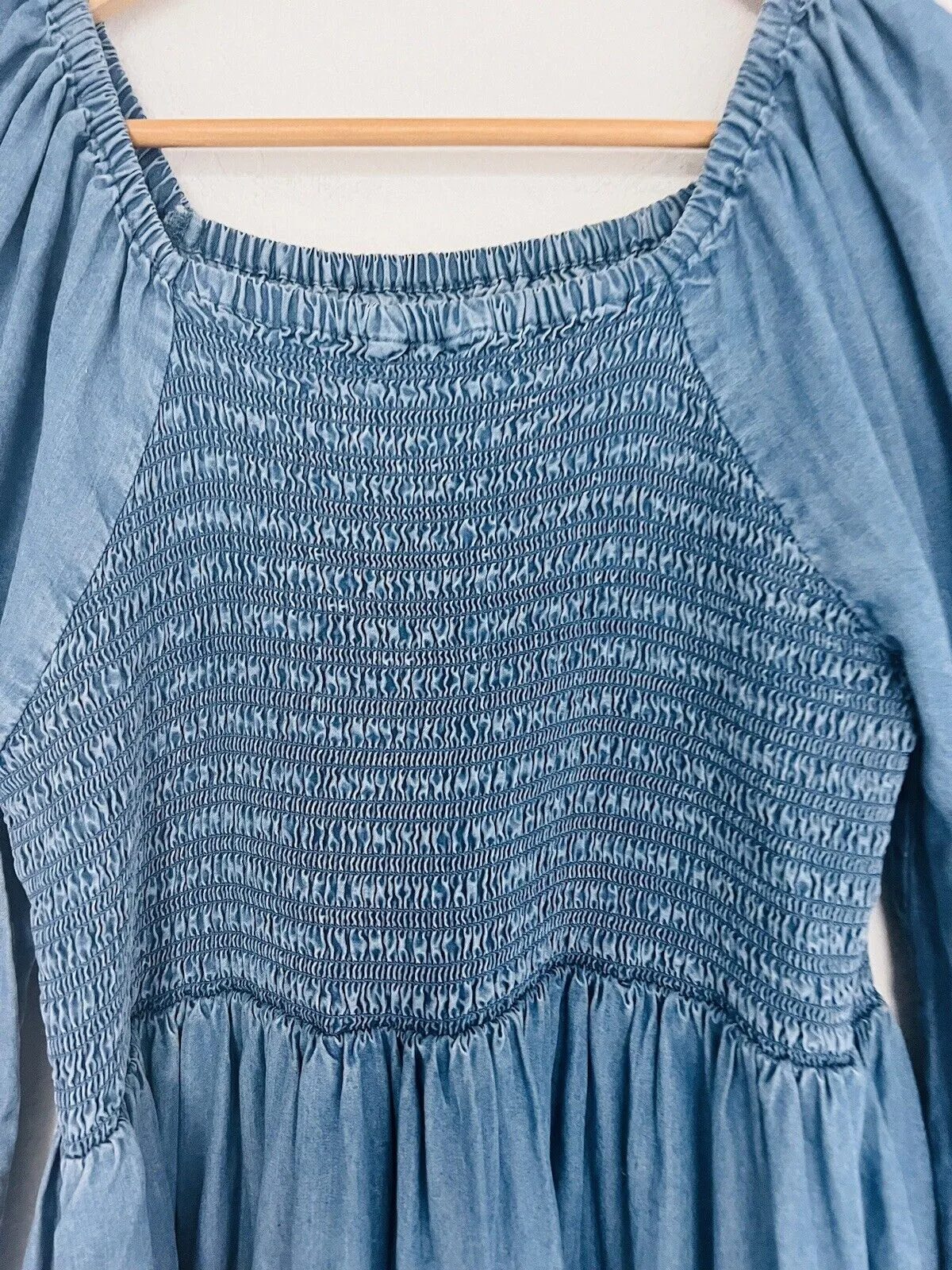 UNBRANDED Smocked Tiered MIDI Dress Blue Puff Sleeve Long Peasant Boho
