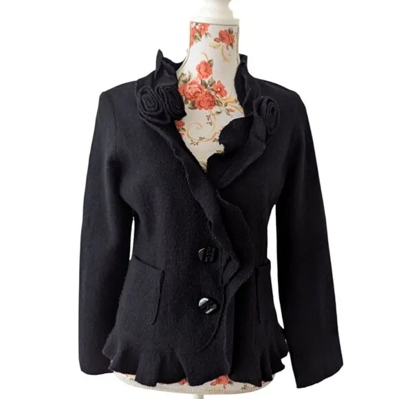 Vintage ALISON SHERI Sz M Black Boiled Wood Witchy Whimsy Goth Boho Cardigan EUC
