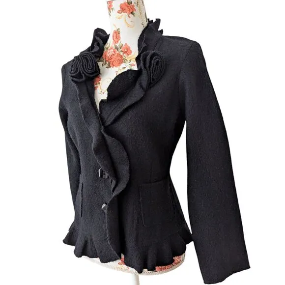 Vintage ALISON SHERI Sz M Black Boiled Wood Witchy Whimsy Goth Boho Cardigan EUC