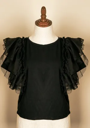 Vintage Avangard Fashion Style Black Top with Ruffle Shoulders Stretchy Top / Career / Gothic L