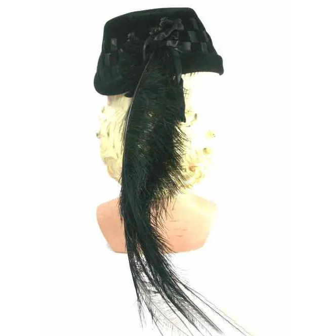 Vintage Black Cocktail Hat w Dramatic Long Feathers 1950s