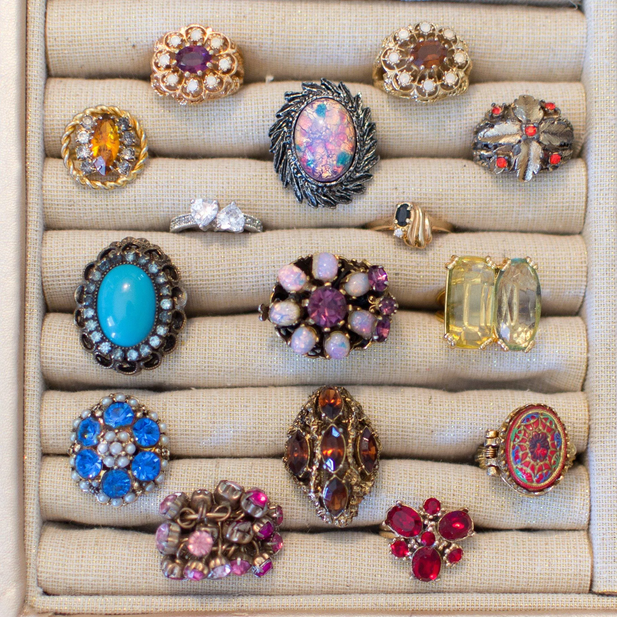 Vintage Blue Rhinestone and Seed Pearl Statement Ring