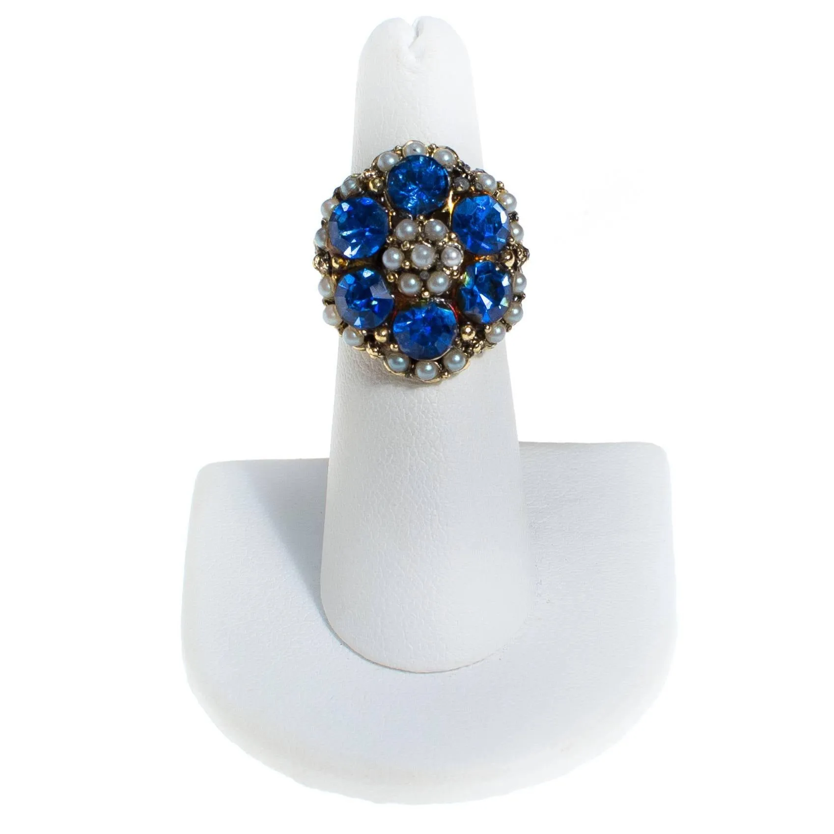 Vintage Blue Rhinestone and Seed Pearl Statement Ring