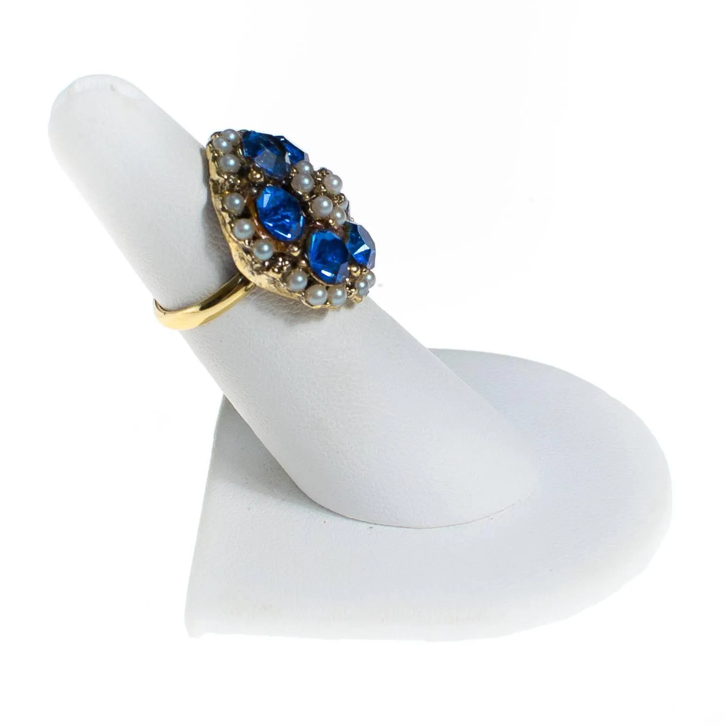 Vintage Blue Rhinestone and Seed Pearl Statement Ring