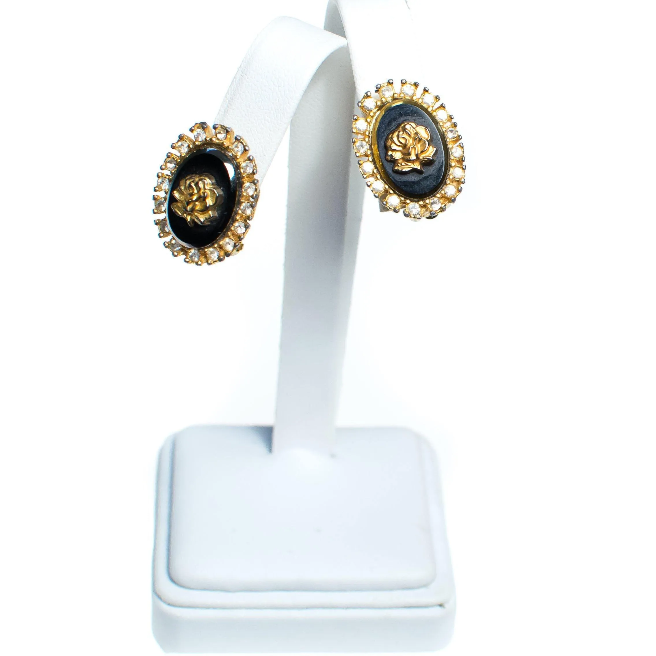 Vintage Celebrity NY Gold Rose and Black Cameo Style Earrings