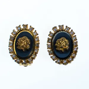 Vintage Celebrity NY Gold Rose and Black Cameo Style Earrings