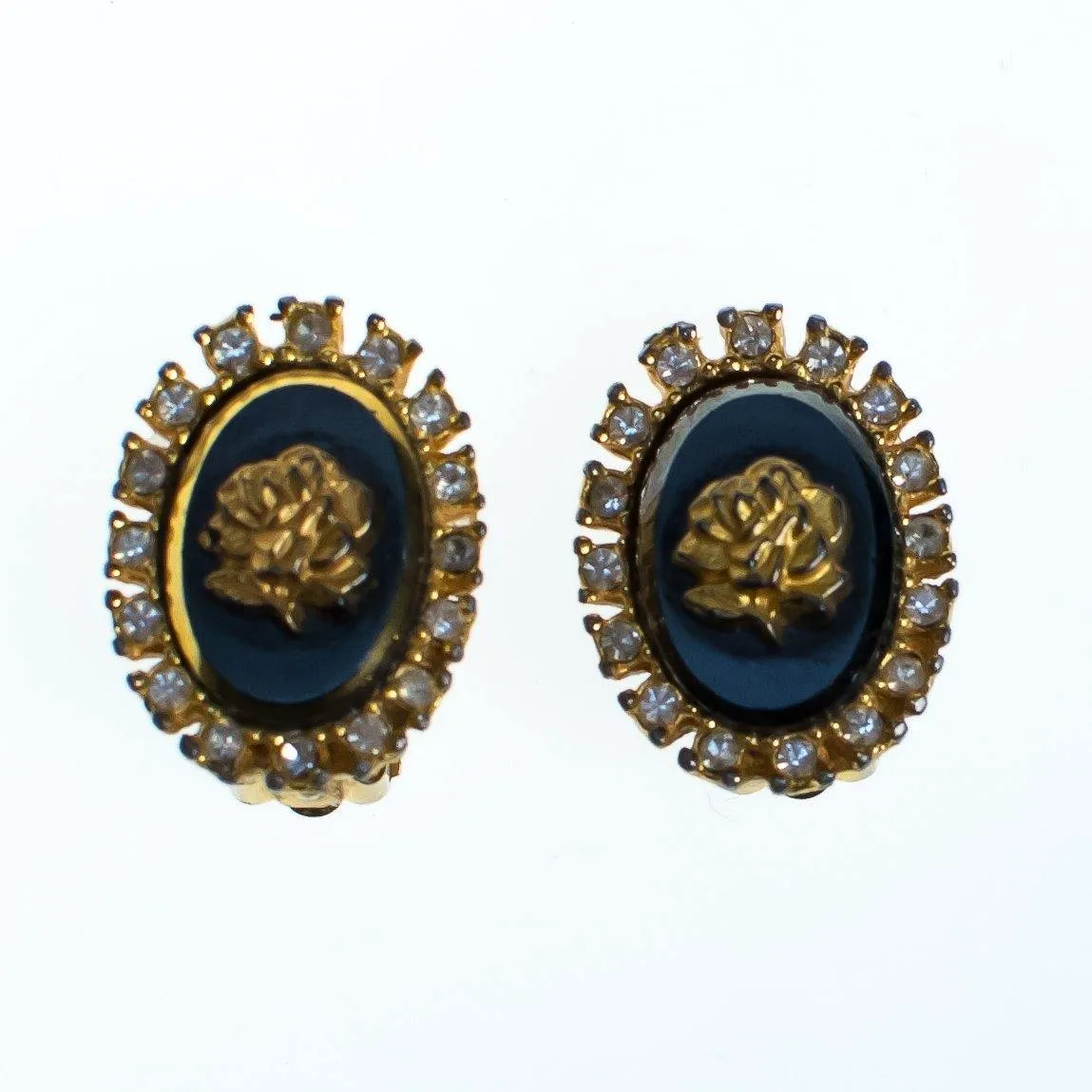 Vintage Celebrity NY Gold Rose and Black Cameo Style Earrings