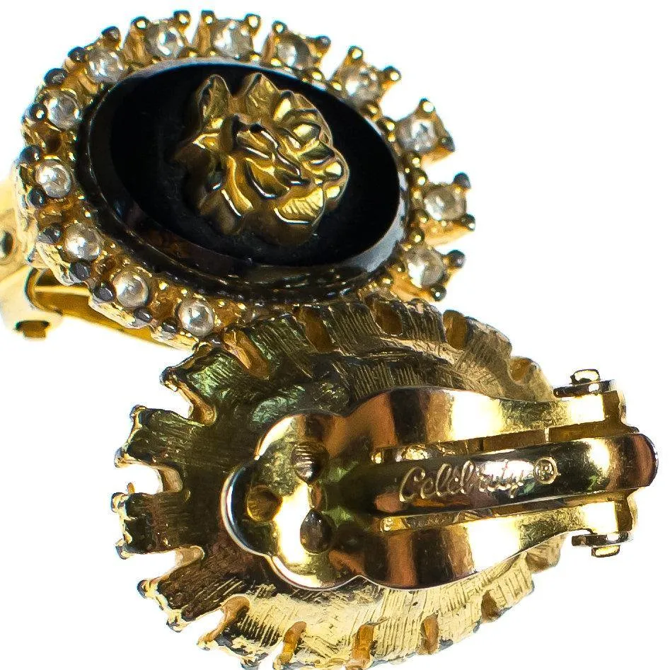 Vintage Celebrity NY Gold Rose and Black Cameo Style Earrings