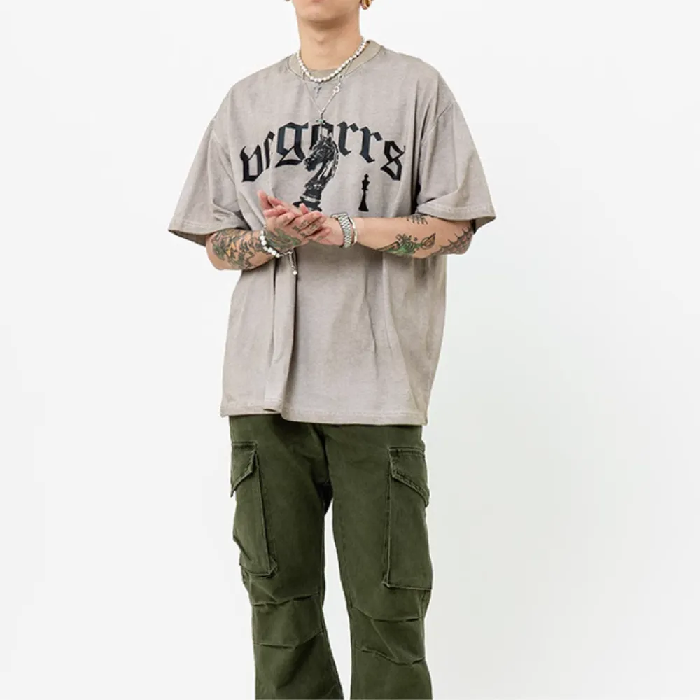 Vintage Chess Print Washed Distressed T-shirt