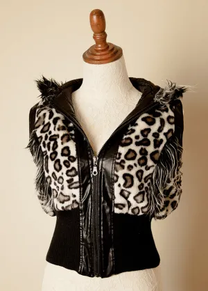 Vintage Cowgirl Furry Hoodie Cropped Zipper Cow Animal Print Jacket Rave Top Large