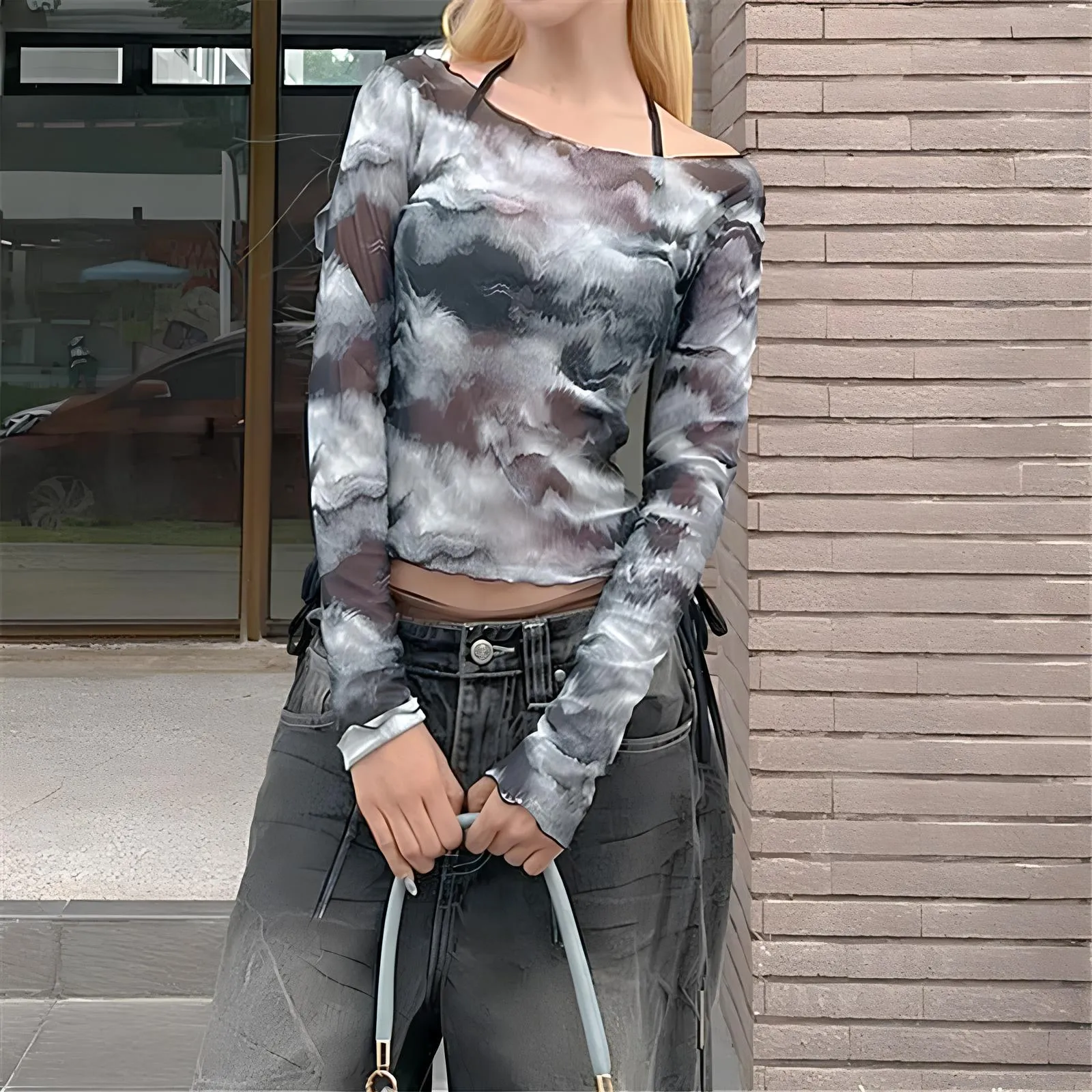 Vintage Cyber Techwear Long Sleeve Mesh Crop Top