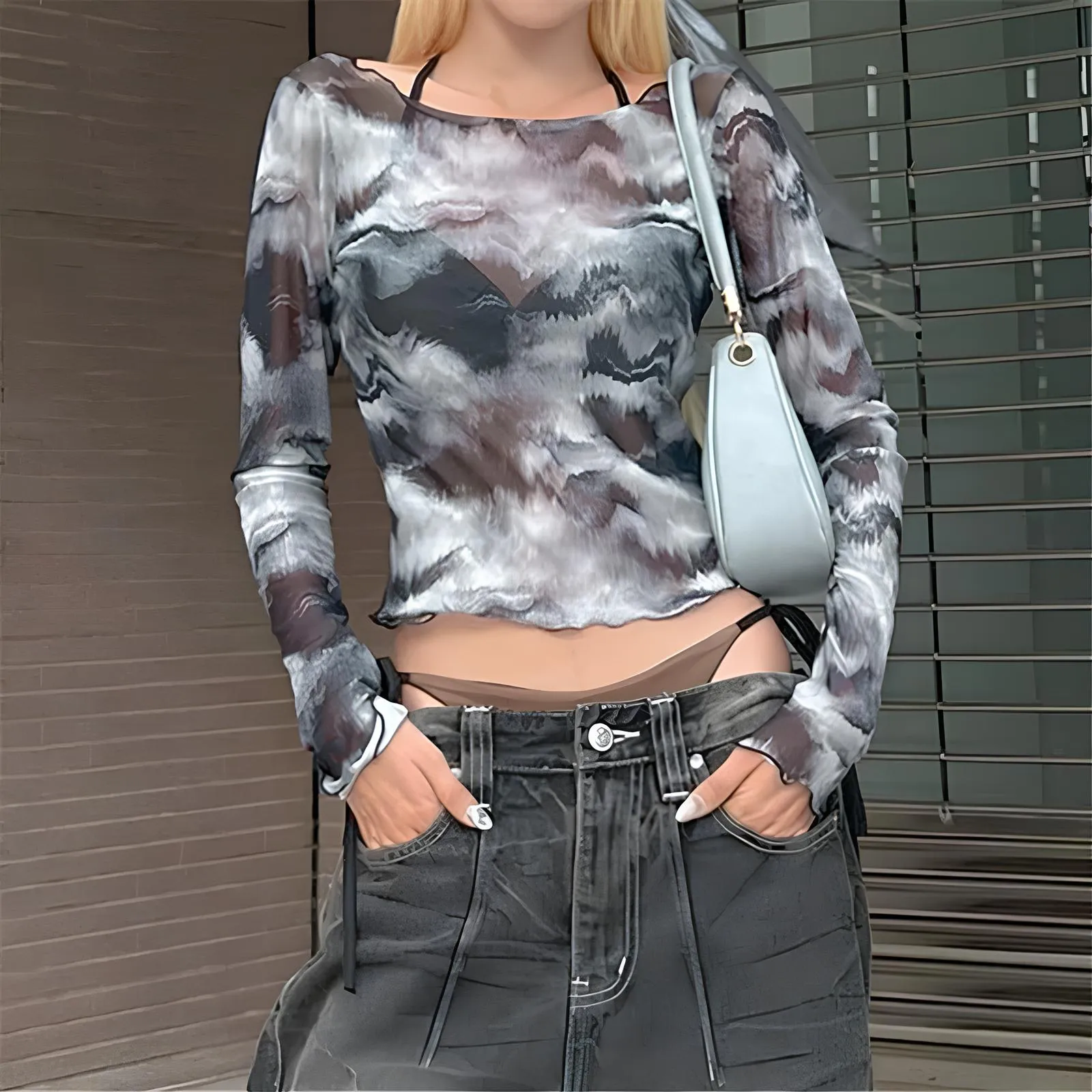 Vintage Cyber Techwear Long Sleeve Mesh Crop Top