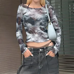 Vintage Cyber Techwear Long Sleeve Mesh Crop Top