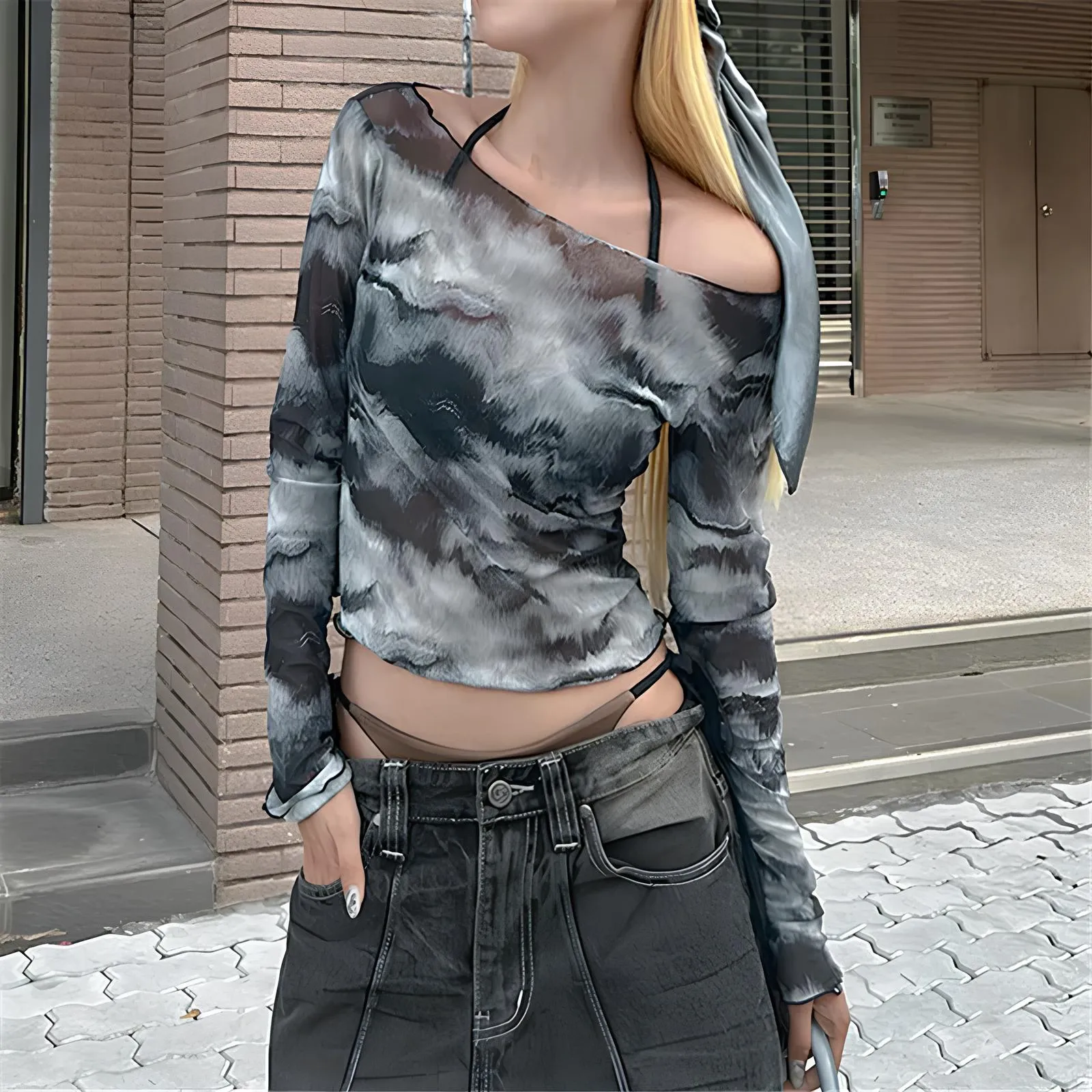 Vintage Cyber Techwear Long Sleeve Mesh Crop Top