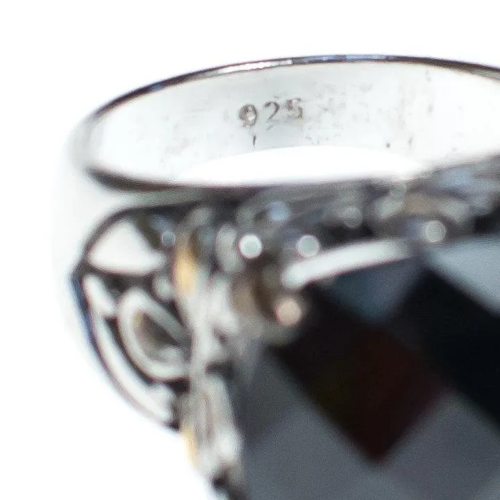 Vintage Faceted Onyx Sterling Silver Statement Ring