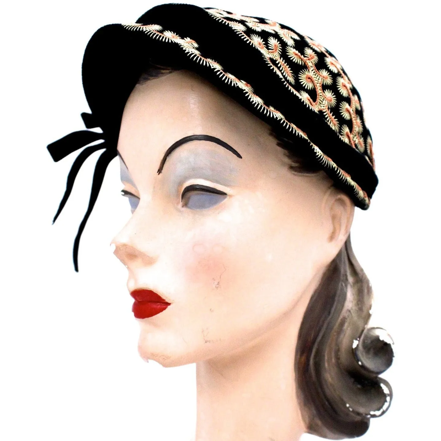 Vintage Hat Jack O'Connell Russ Russell Embroidered Black / Copper 1950S
