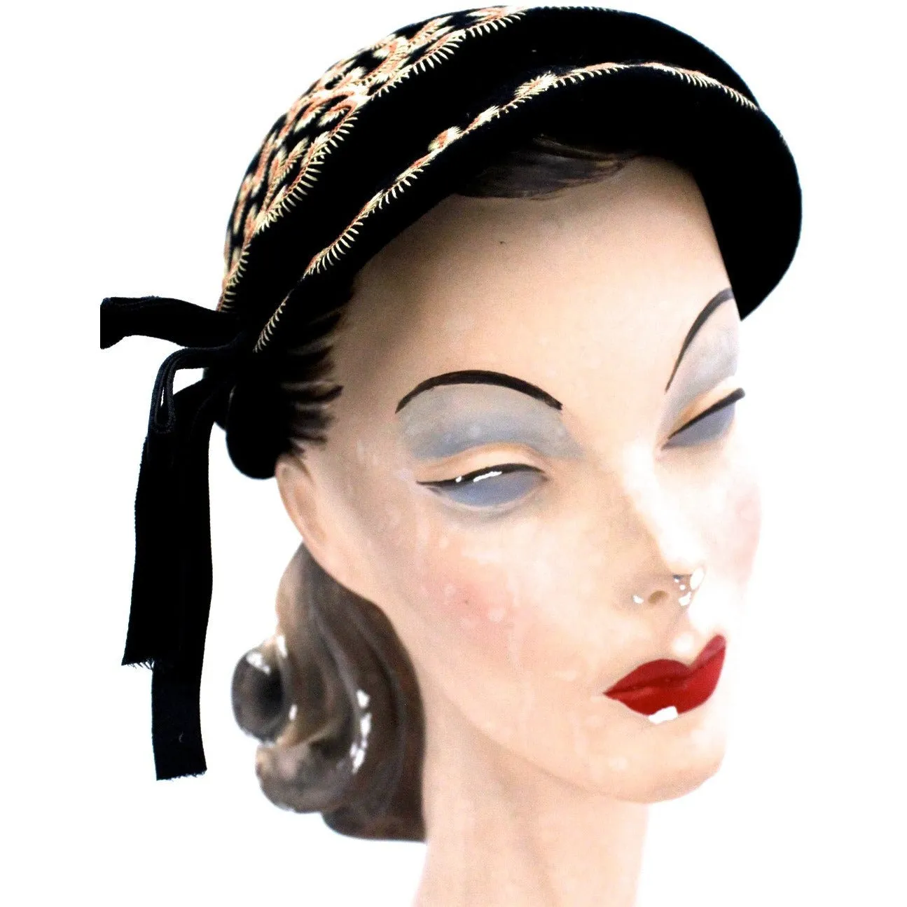 Vintage Hat Jack O'Connell Russ Russell Embroidered Black / Copper 1950S