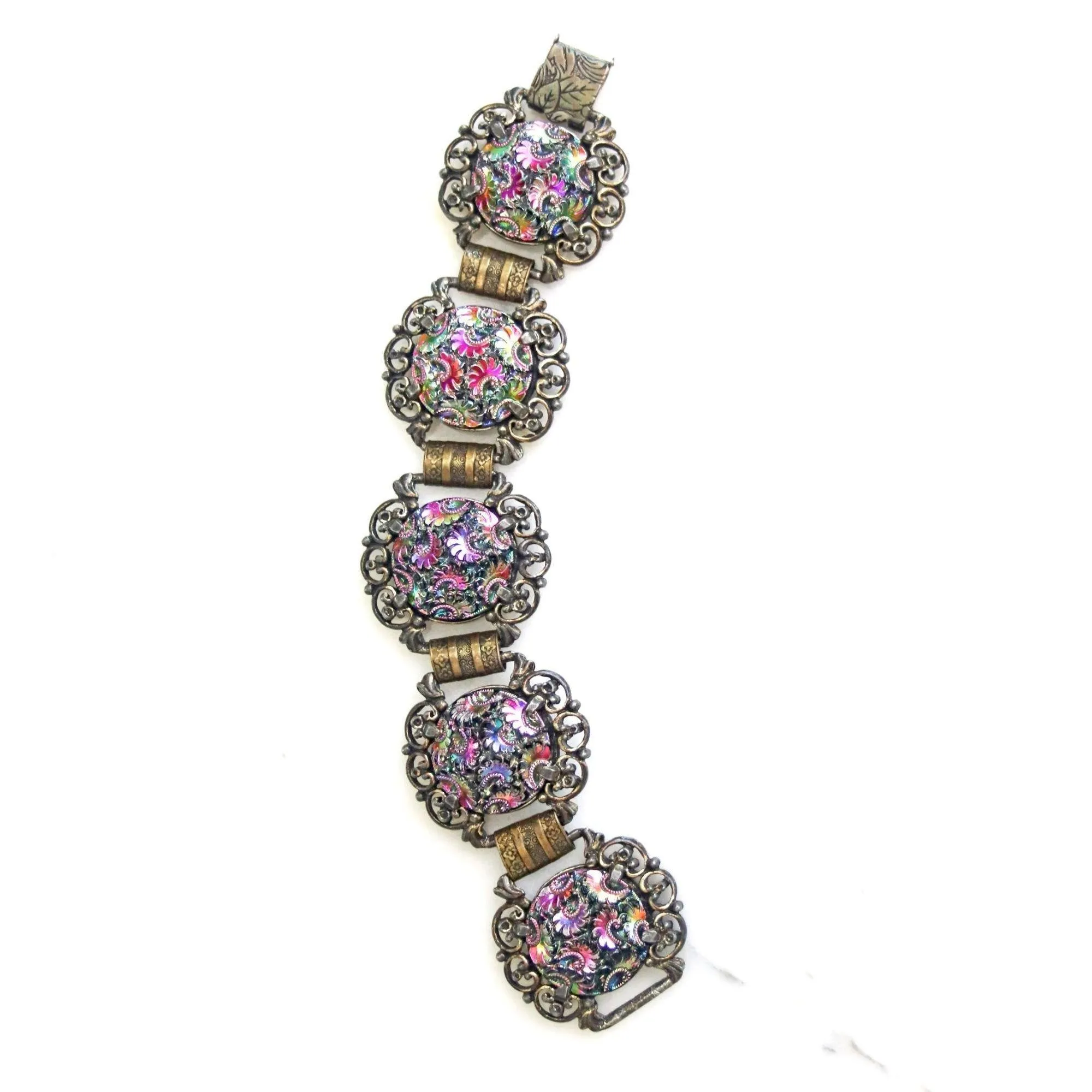 Vintage Judy Lee Iridescent Pressed Art Glass Gothic Revival Bracelet