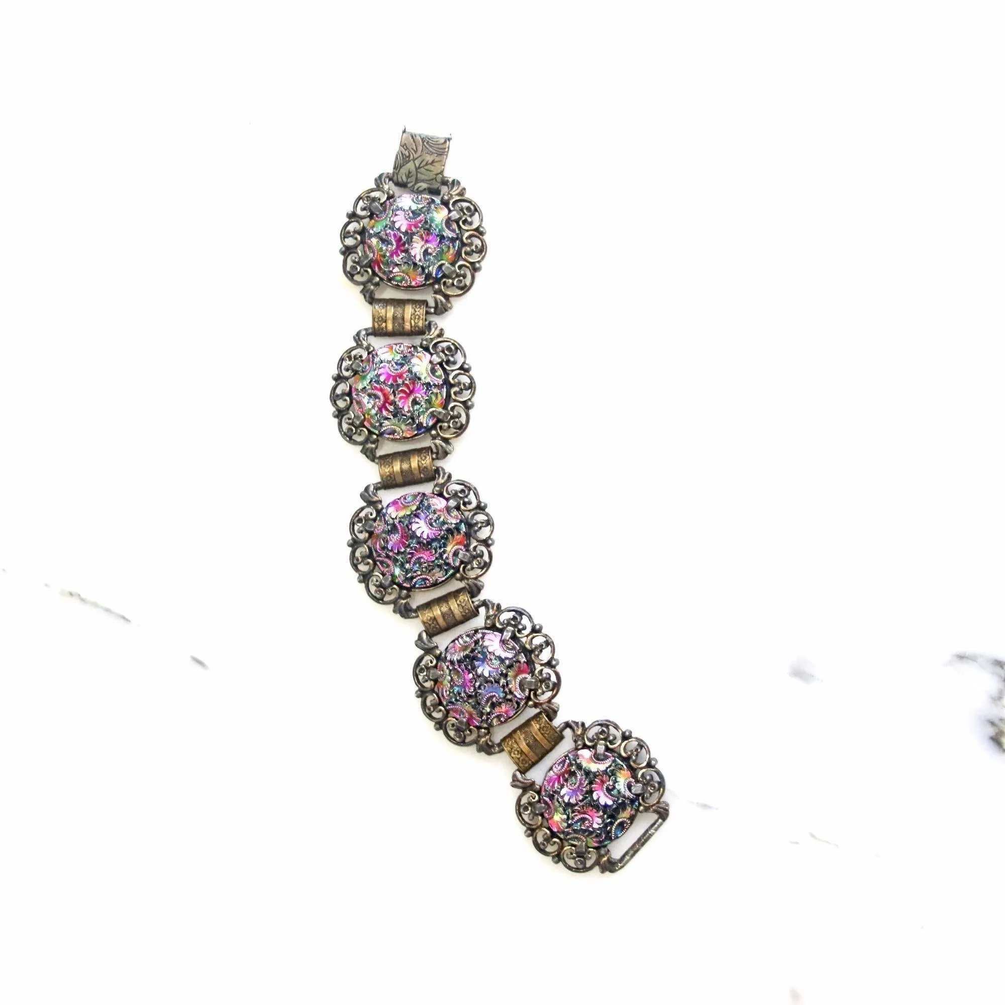 Vintage Judy Lee Iridescent Pressed Art Glass Gothic Revival Bracelet