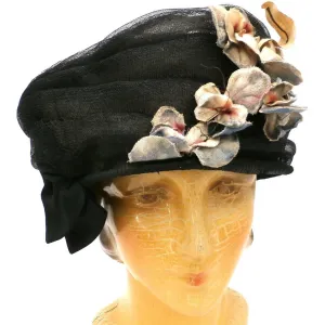 Vintage Ladies Cloche Hat Black Horsehair /Velvet Flowers 1920S Large Size