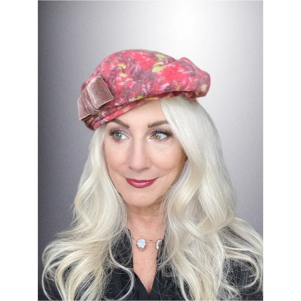 Vintage Ladies  Hat Asymmetrical Printed Velvet Salmon Tones 1950S
