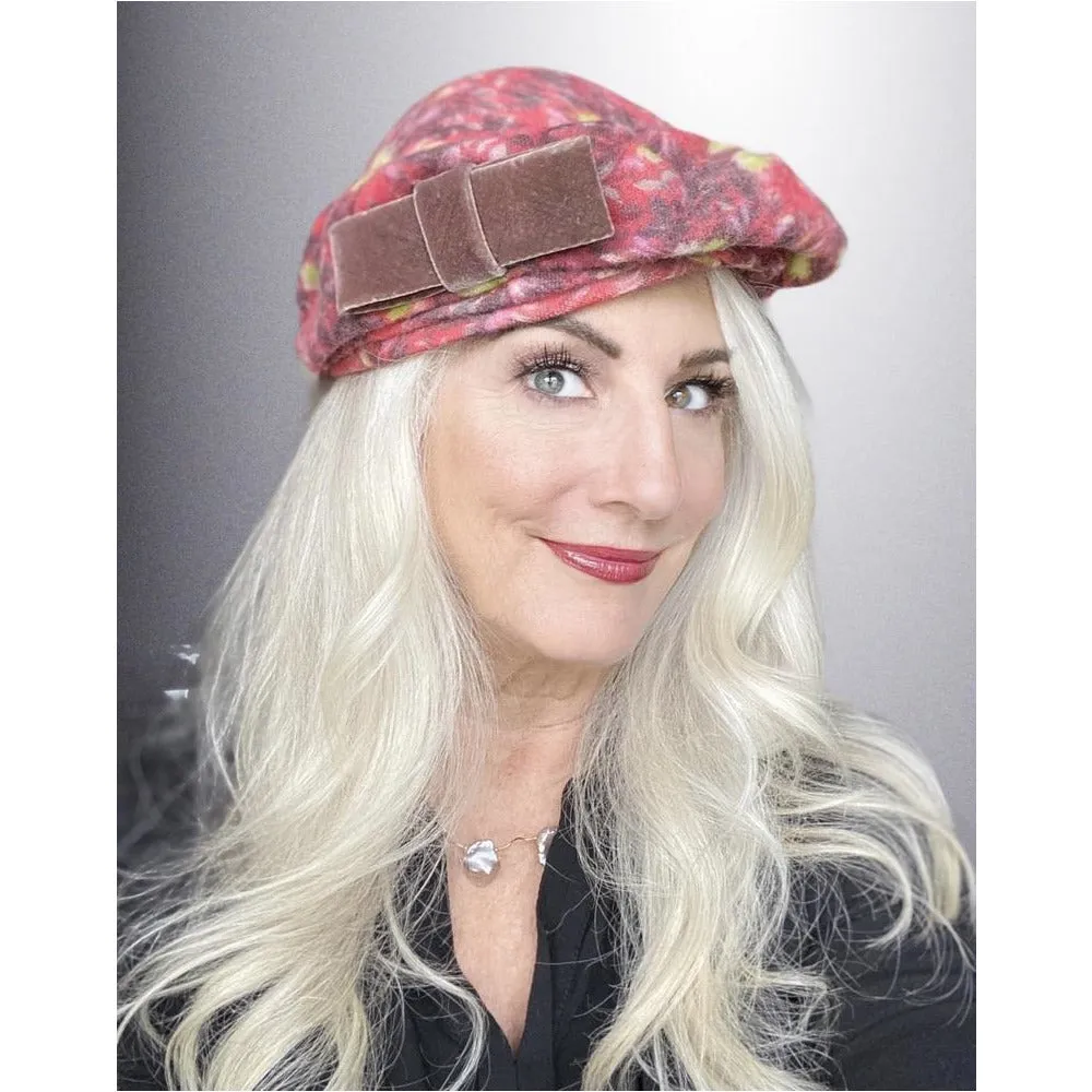 Vintage Ladies  Hat Asymmetrical Printed Velvet Salmon Tones 1950S