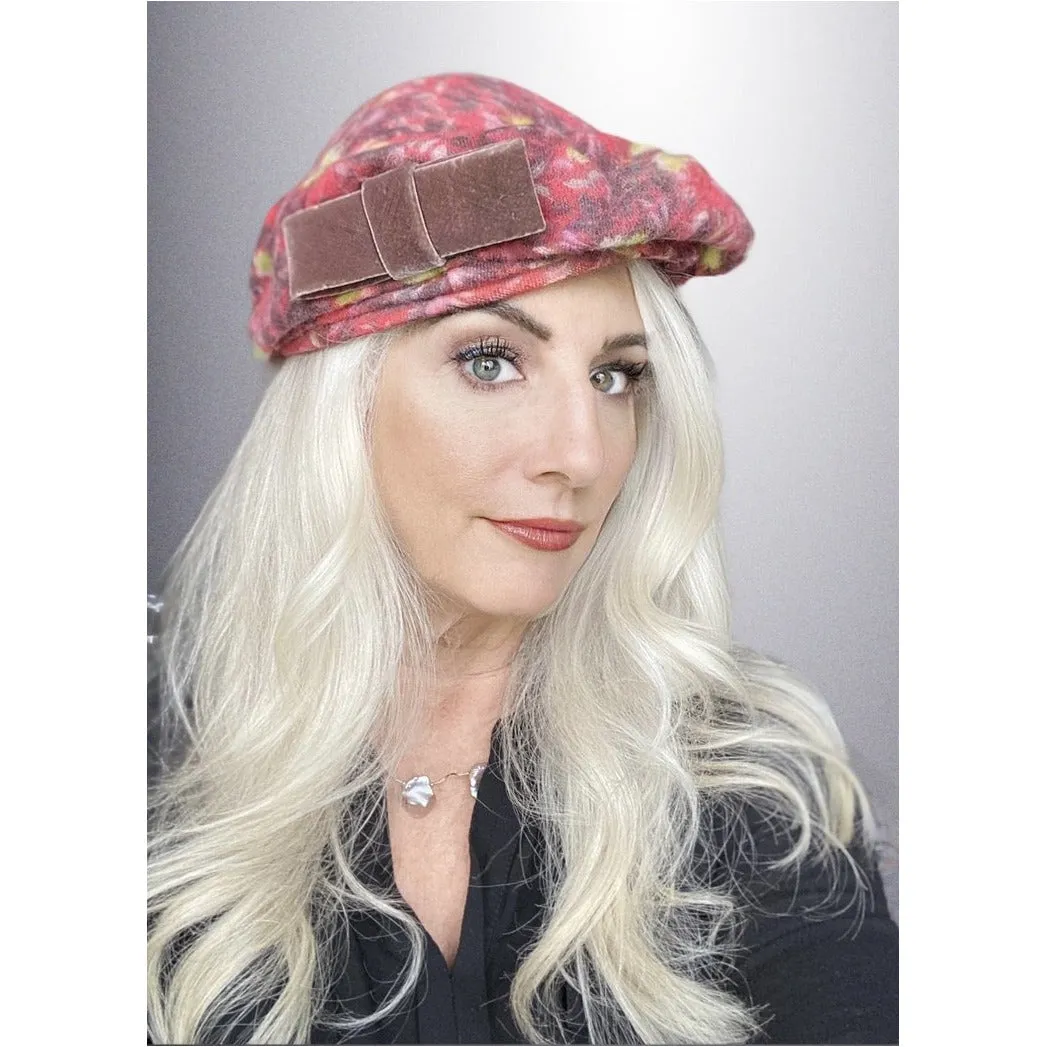 Vintage Ladies  Hat Asymmetrical Printed Velvet Salmon Tones 1950S