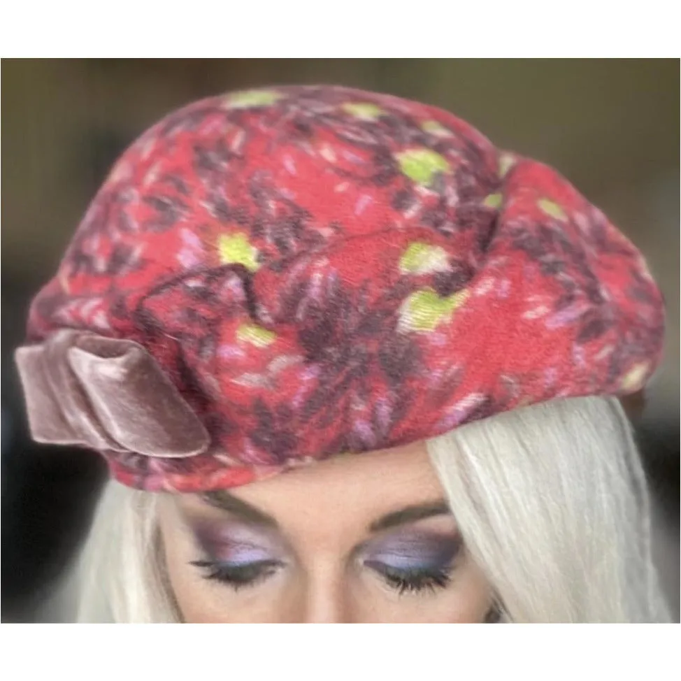 Vintage Ladies  Hat Asymmetrical Printed Velvet Salmon Tones 1950S