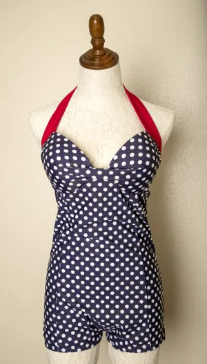 Vintage - Navy & White Polka Dot Retro Vintage Swimsuit Short Padded Cups Rockabilly XL