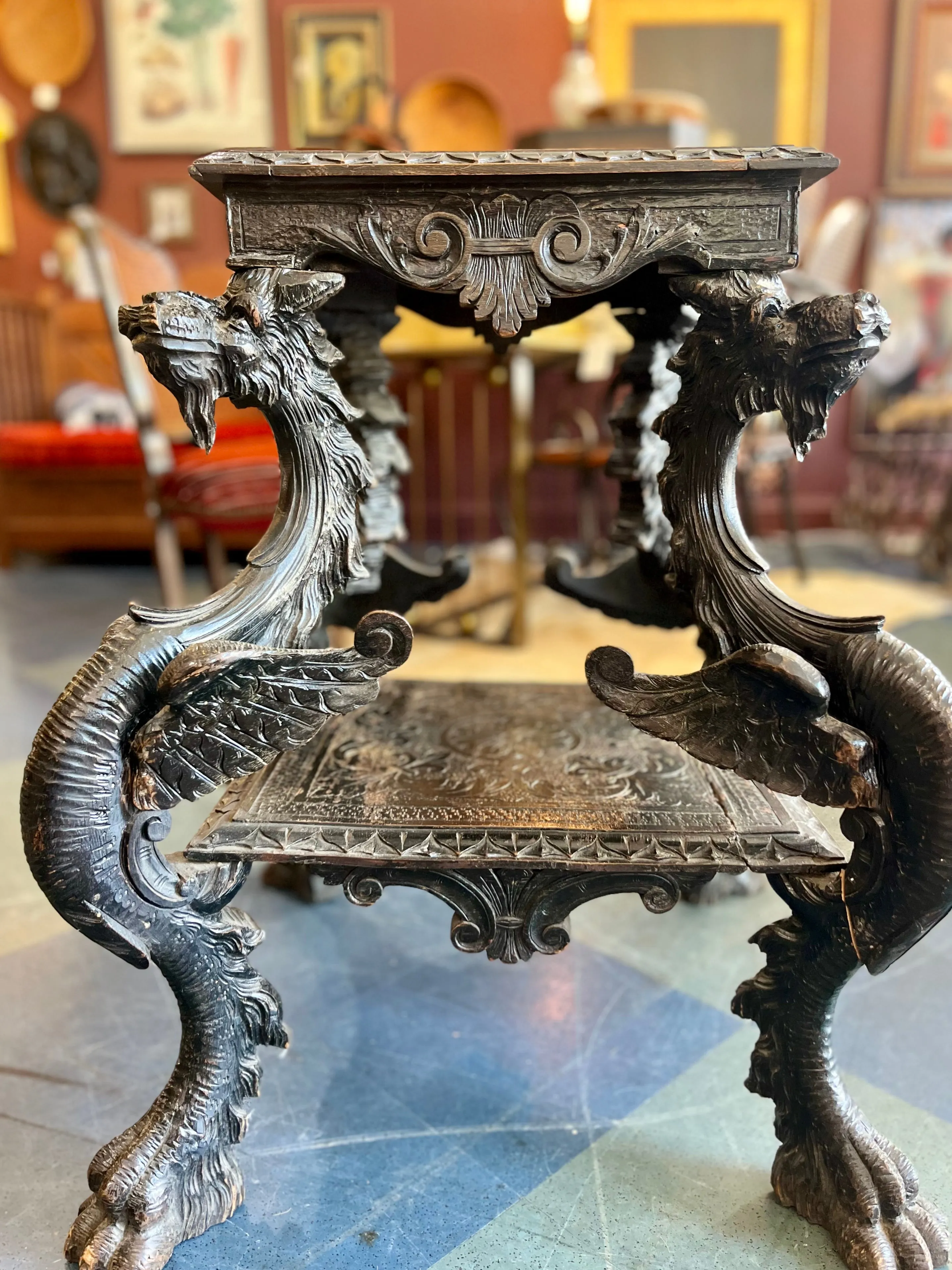 Vintage Ornate Wood Carved Dragon Table