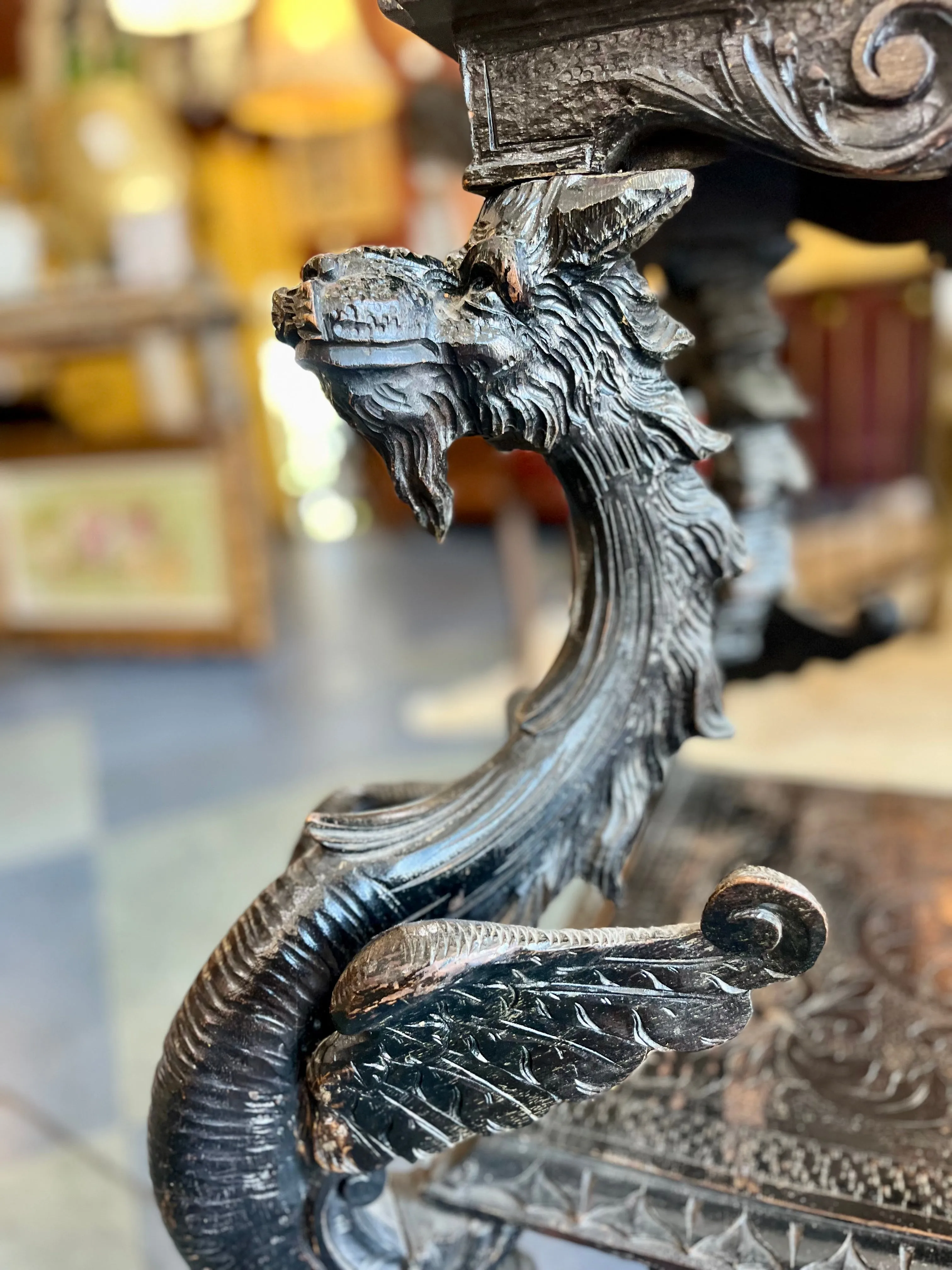 Vintage Ornate Wood Carved Dragon Table