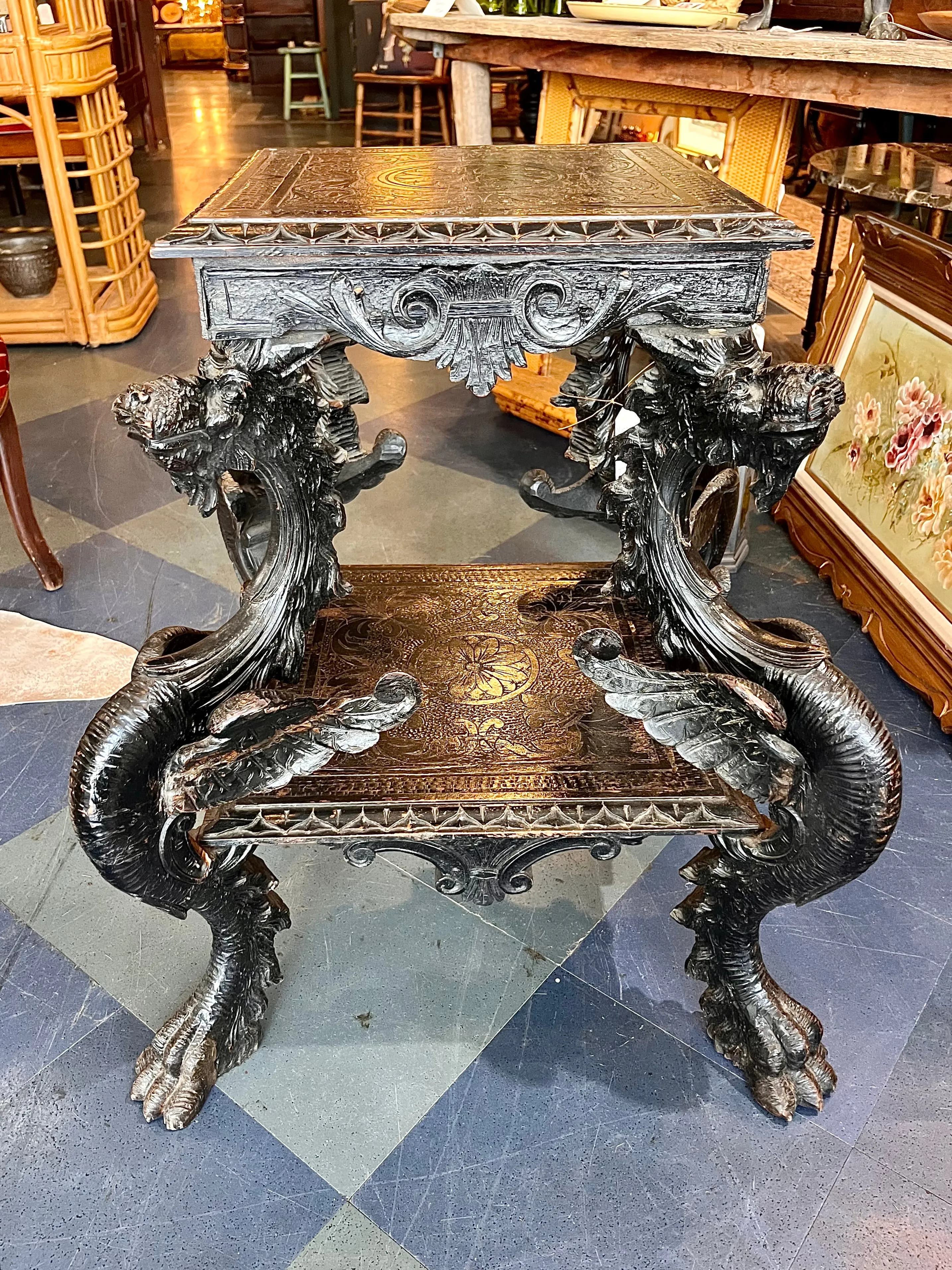 Vintage Ornate Wood Carved Dragon Table