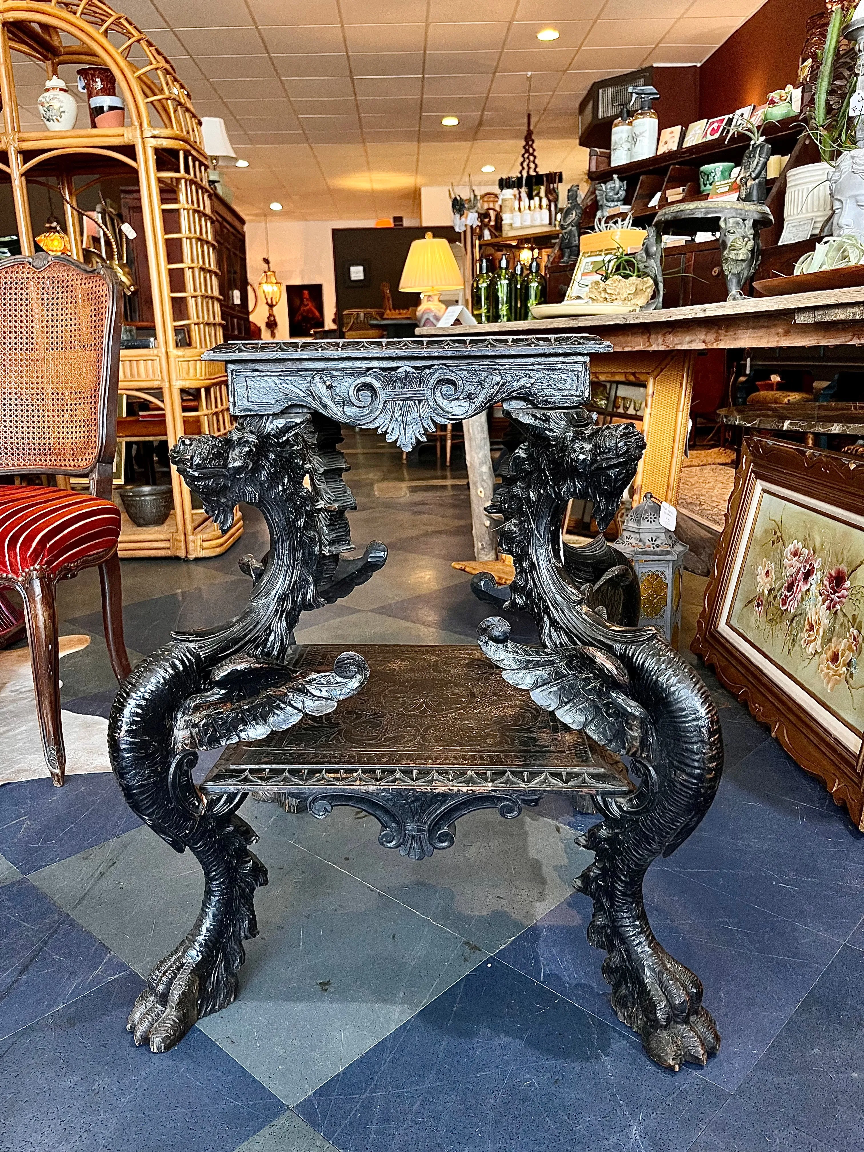 Vintage Ornate Wood Carved Dragon Table