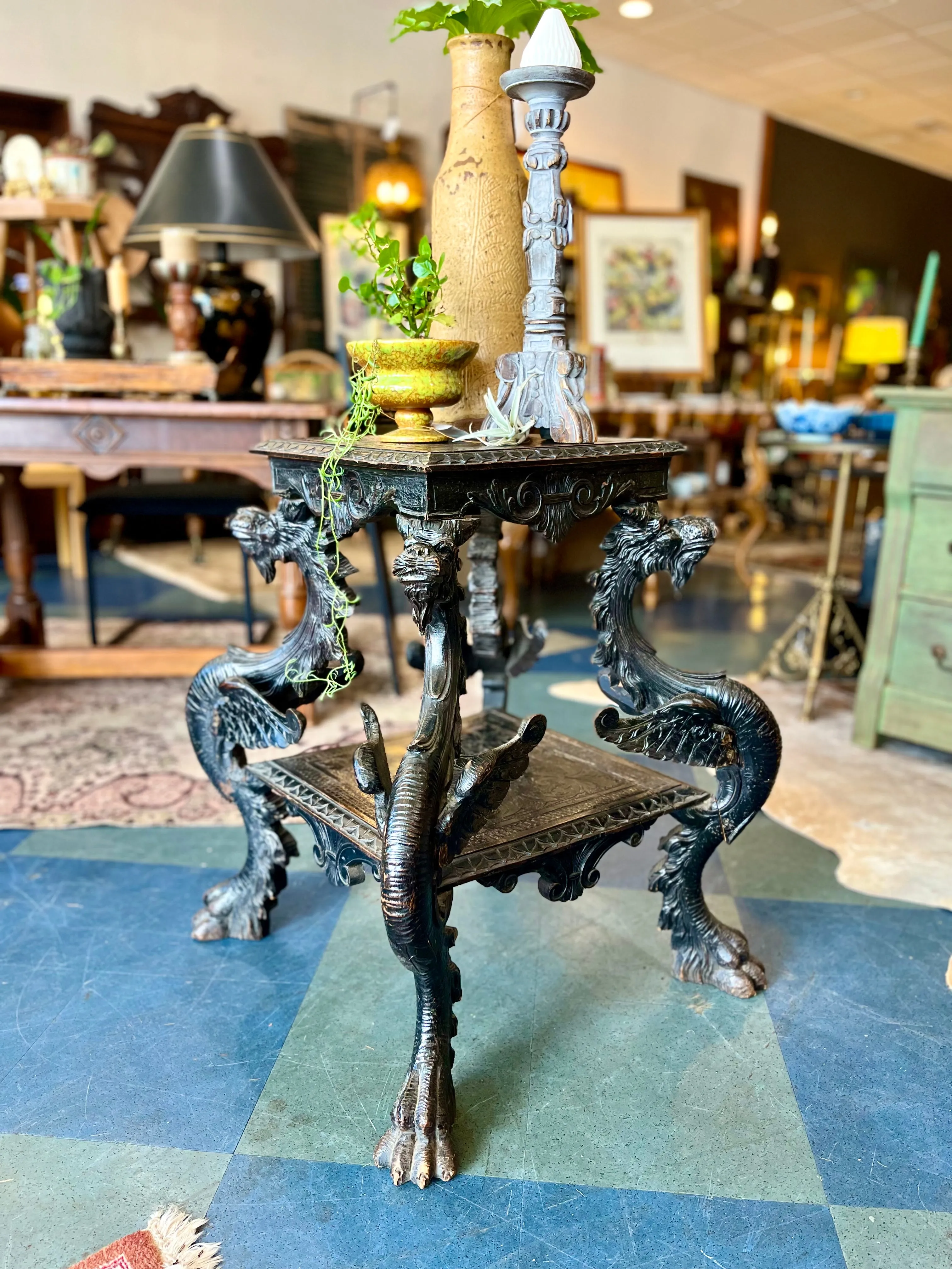 Vintage Ornate Wood Carved Dragon Table