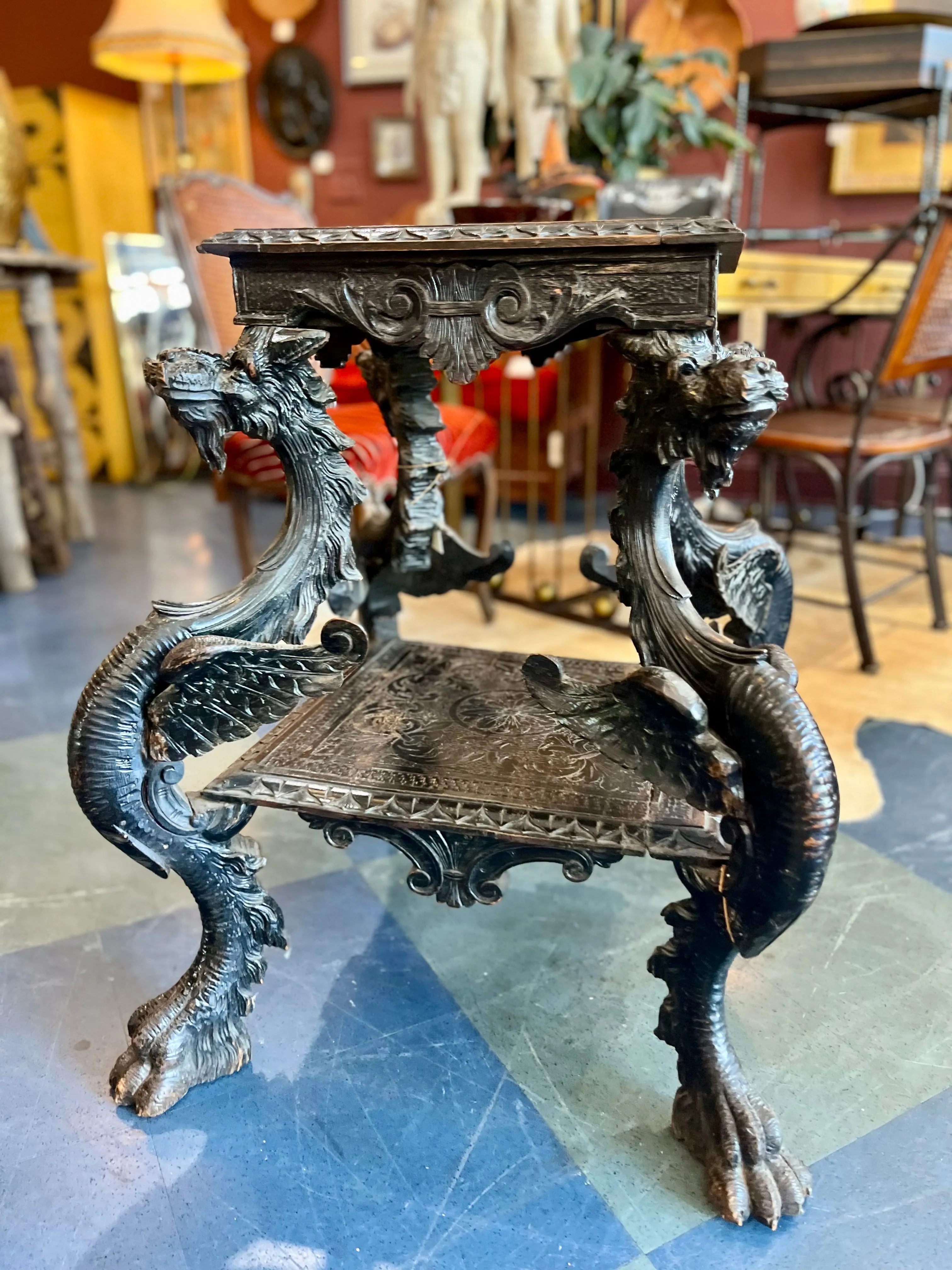Vintage Ornate Wood Carved Dragon Table