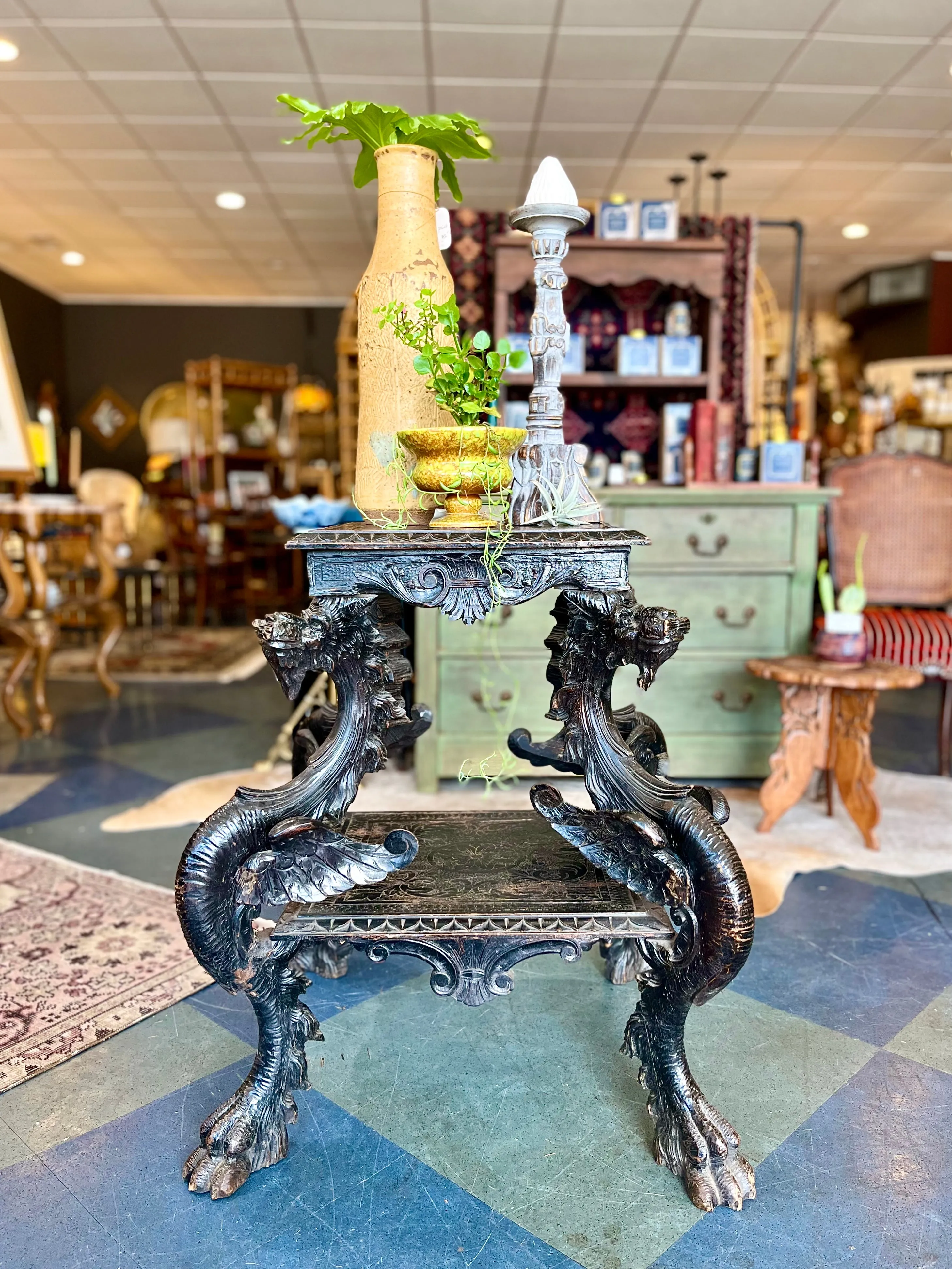 Vintage Ornate Wood Carved Dragon Table