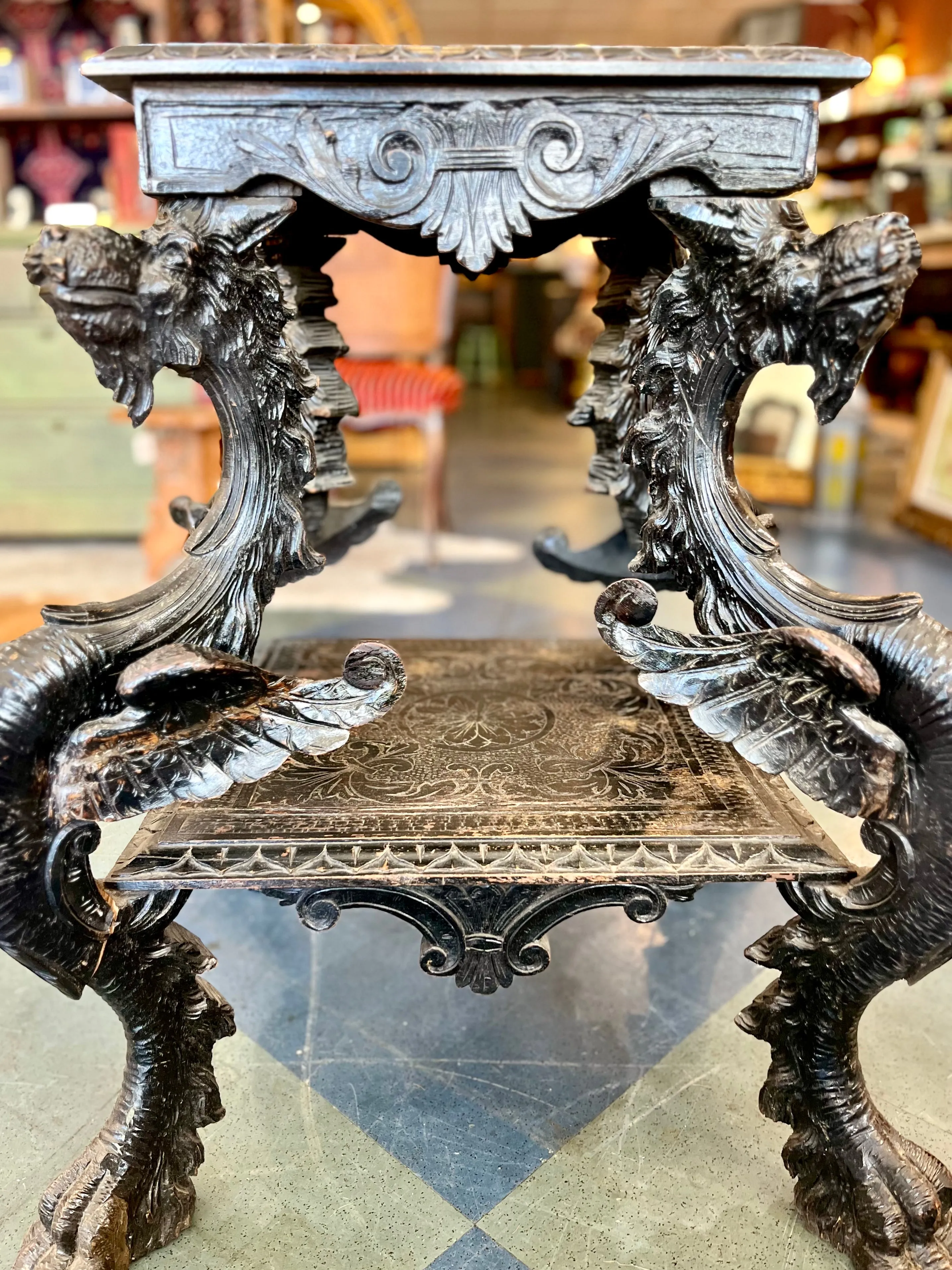 Vintage Ornate Wood Carved Dragon Table