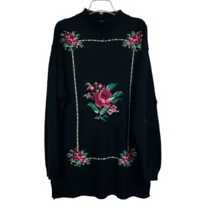 Vintage Oversized Rose Embroidered Cross Stitch Mock Neck Long Sweater Size XL