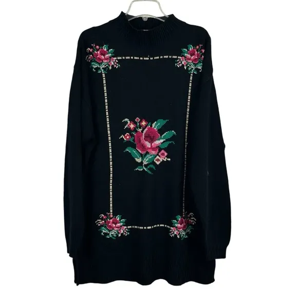 Vintage Oversized Rose Embroidered Cross Stitch Mock Neck Long Sweater Size XL
