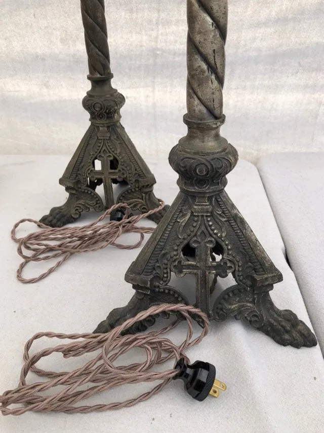 Vintage Pair of Altar Church Gothic Catholic Candle Stick Holder Lamps